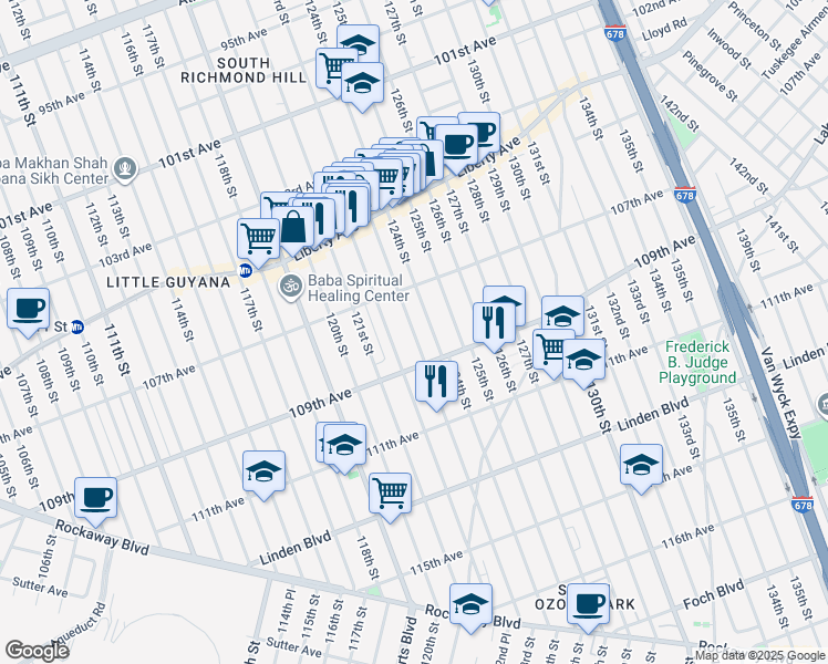 map of restaurants, bars, coffee shops, grocery stores, and more near 107-26 123rd Street in Queens