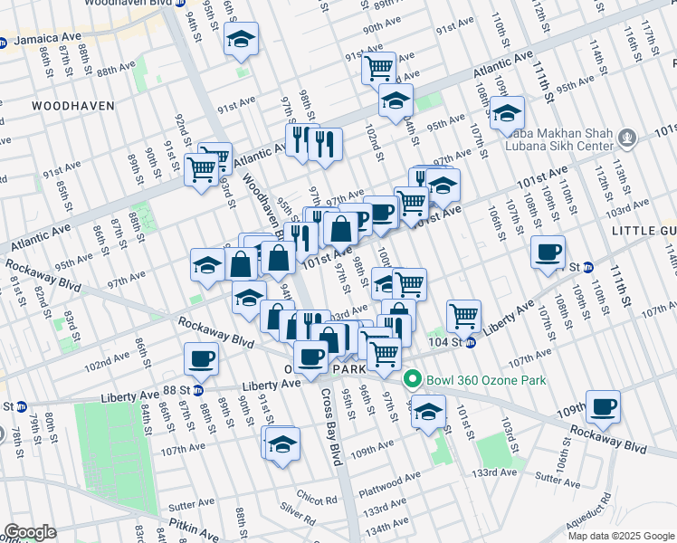 map of restaurants, bars, coffee shops, grocery stores, and more near 101-12 98th Street in Queens