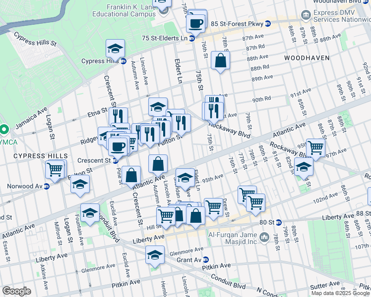 map of restaurants, bars, coffee shops, grocery stores, and more near 260 Grant Avenue in Brooklyn