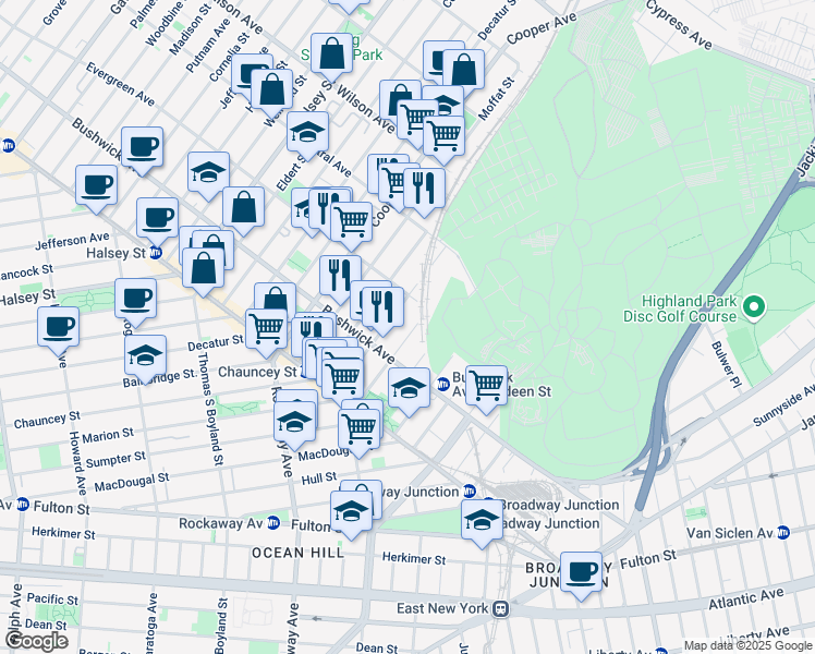 map of restaurants, bars, coffee shops, grocery stores, and more near 94 Pilling Street in Brooklyn
