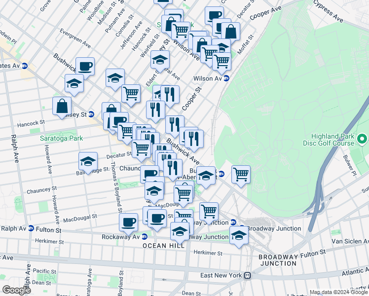 map of restaurants, bars, coffee shops, grocery stores, and more near in Brooklyn
