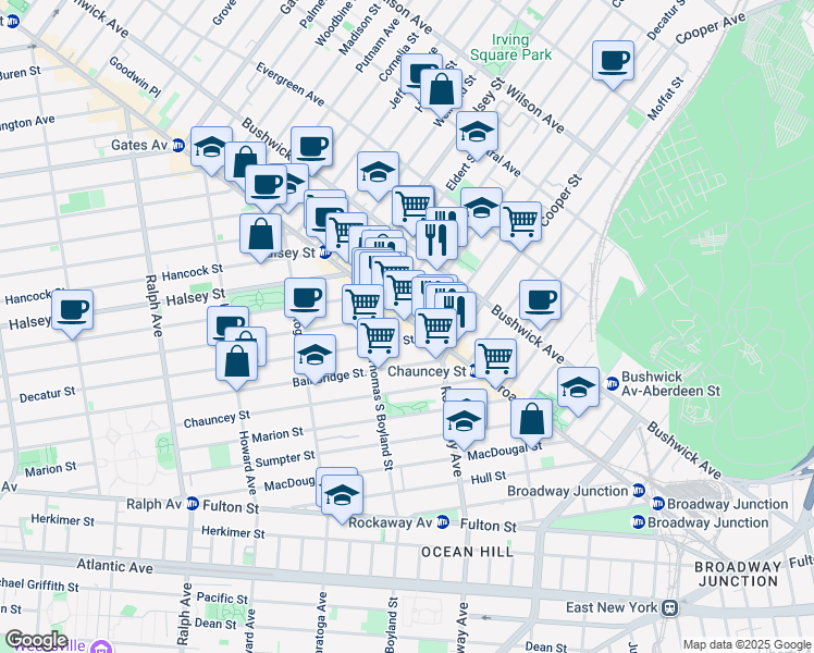 map of restaurants, bars, coffee shops, grocery stores, and more near 1671 Broadway in Brooklyn