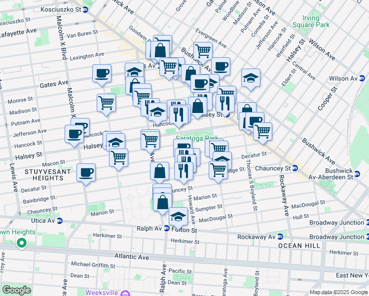 map of restaurants, bars, coffee shops, grocery stores, and more near 653 Howard Avenue in Brooklyn