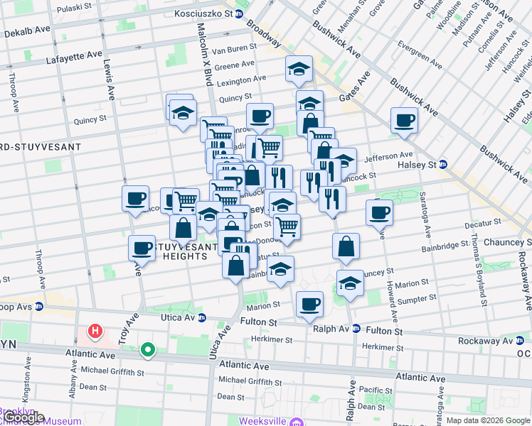 map of restaurants, bars, coffee shops, grocery stores, and more near 625 Halsey Street in Brooklyn