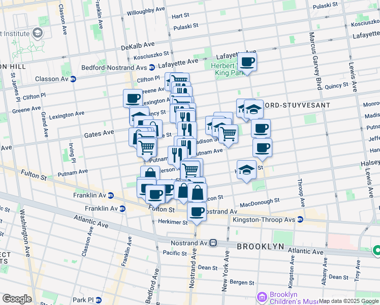 map of restaurants, bars, coffee shops, grocery stores, and more near 224 Madison Street in Brooklyn