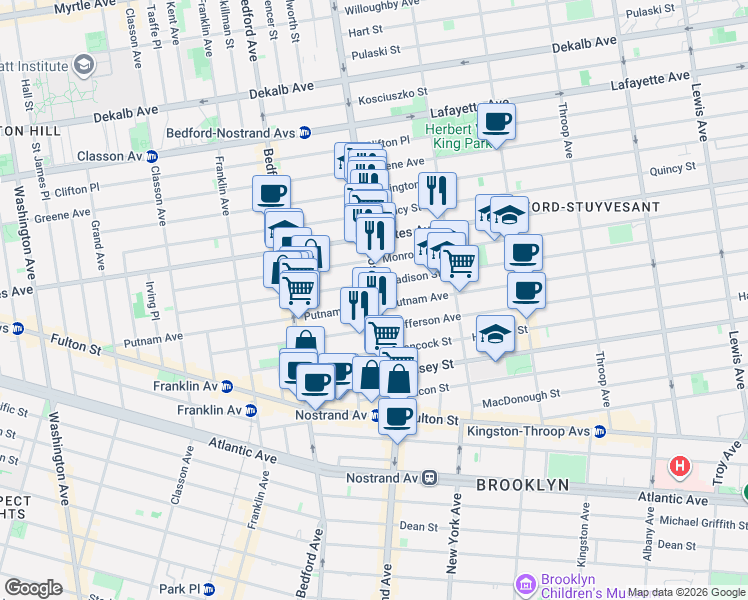 map of restaurants, bars, coffee shops, grocery stores, and more near 224 Madison Street in Brooklyn