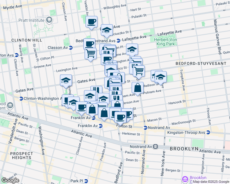 map of restaurants, bars, coffee shops, grocery stores, and more near 1160 Bedford Avenue in Brooklyn