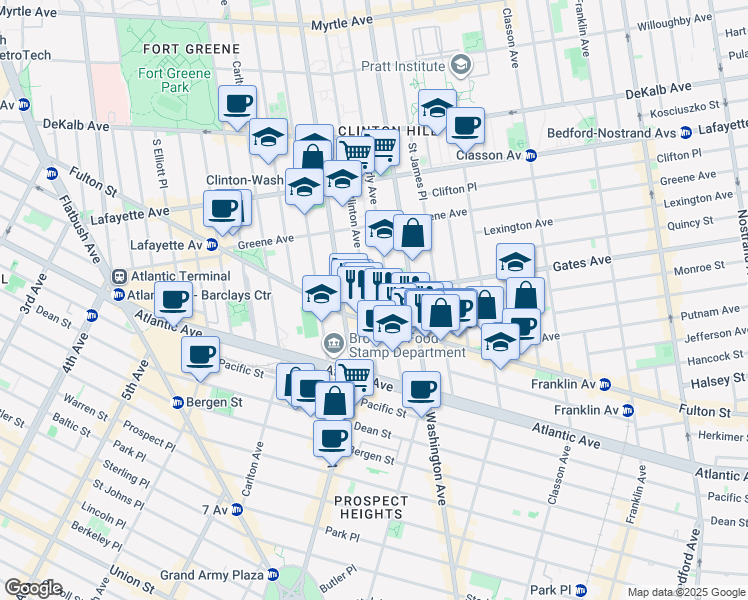 map of restaurants, bars, coffee shops, grocery stores, and more near 57 Gates Avenue in Brooklyn