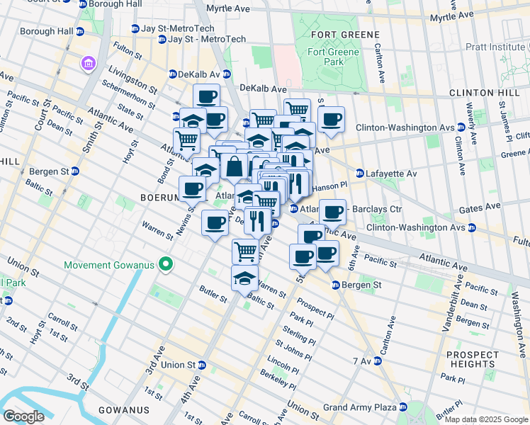 map of restaurants, bars, coffee shops, grocery stores, and more near 545 Atlantic Avenue in Brooklyn