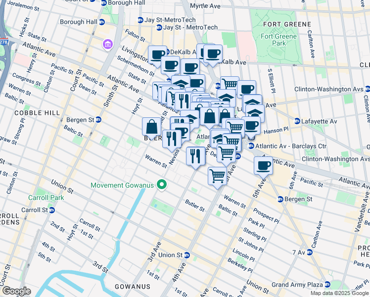 map of restaurants, bars, coffee shops, grocery stores, and more near 268 Dean Street in Brooklyn