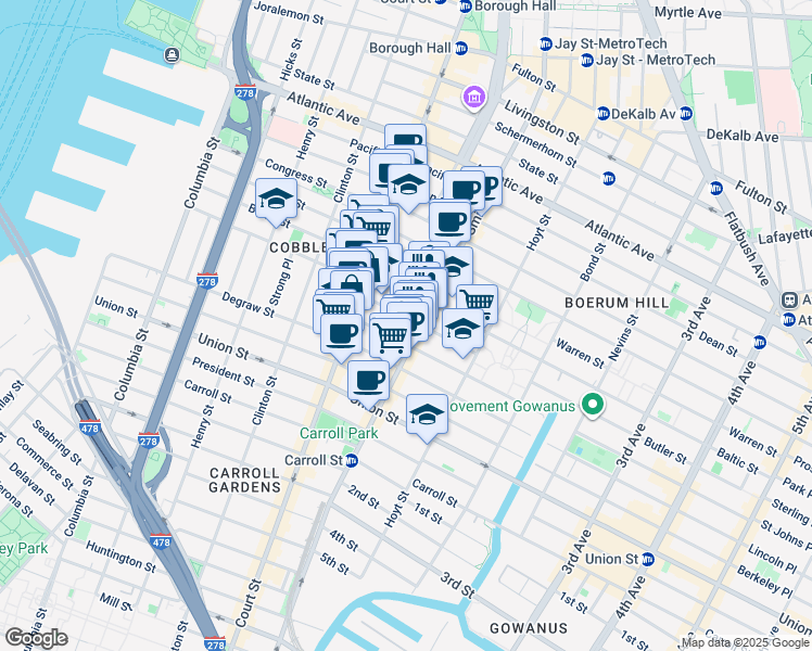 map of restaurants, bars, coffee shops, grocery stores, and more near 36 Butler Street in Brooklyn