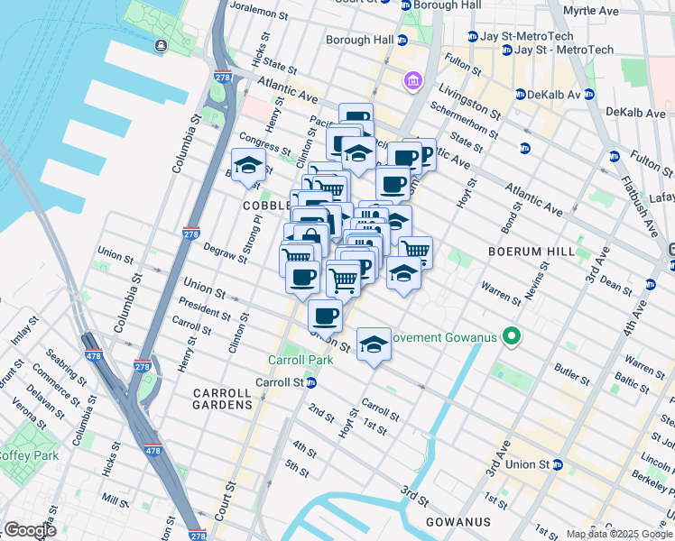 map of restaurants, bars, coffee shops, grocery stores, and more near 36 Butler Street in Brooklyn