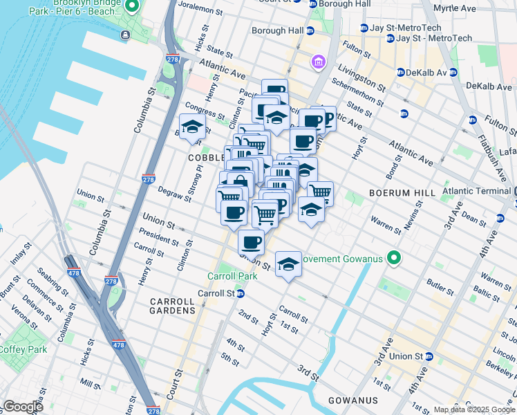 map of restaurants, bars, coffee shops, grocery stores, and more near 36 Butler Street in Brooklyn