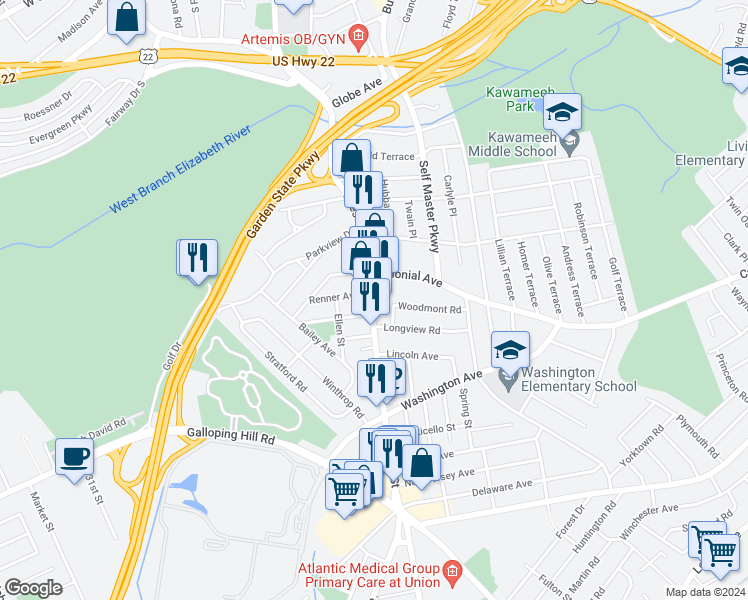 map of restaurants, bars, coffee shops, grocery stores, and more near 516 County Route 619 in Union