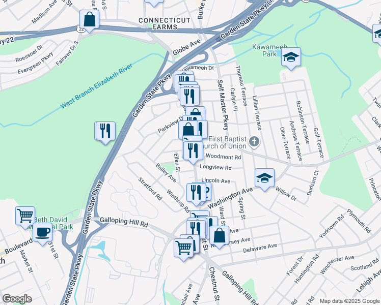 map of restaurants, bars, coffee shops, grocery stores, and more near 516 County Route 619 in Union