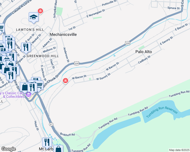 map of restaurants, bars, coffee shops, grocery stores, and more near 238 West Bacon Street in Pottsville