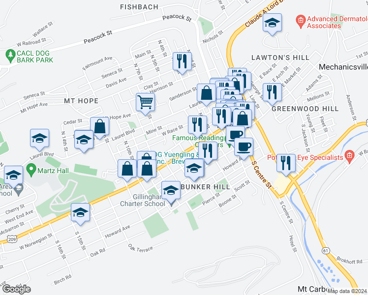 map of restaurants, bars, coffee shops, grocery stores, and more near 521 West Arch Street in Pottsville