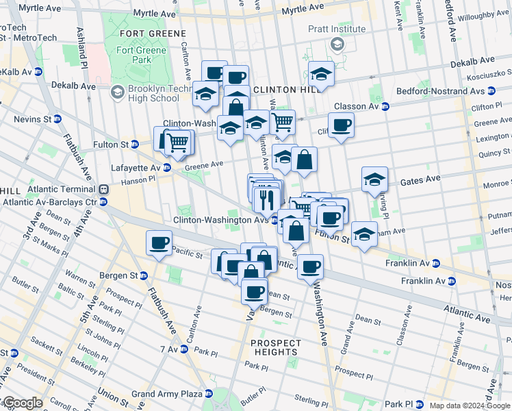 map of restaurants, bars, coffee shops, grocery stores, and more near Gates Avenue & Vanderbilt Avenue in Brooklyn