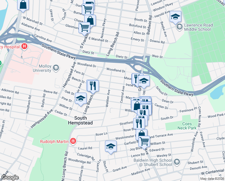 map of restaurants, bars, coffee shops, grocery stores, and more near 599 Georgia Street in South Hempstead