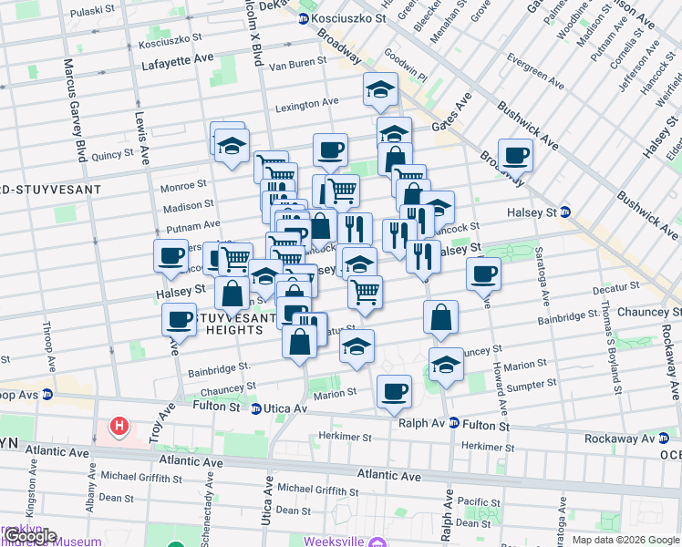 map of restaurants, bars, coffee shops, grocery stores, and more near 625 Halsey Street in Brooklyn