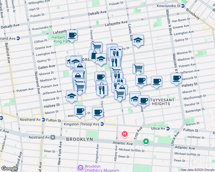 map of restaurants, bars, coffee shops, grocery stores, and more near 465 Jefferson Avenue in Brooklyn