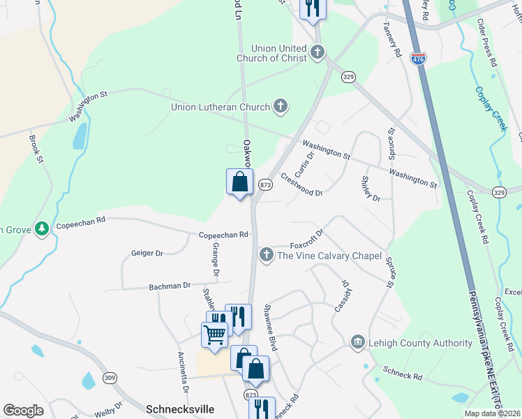 map of restaurants, bars, coffee shops, grocery stores, and more near 5345 Pennsylvania 873 in Schnecksville