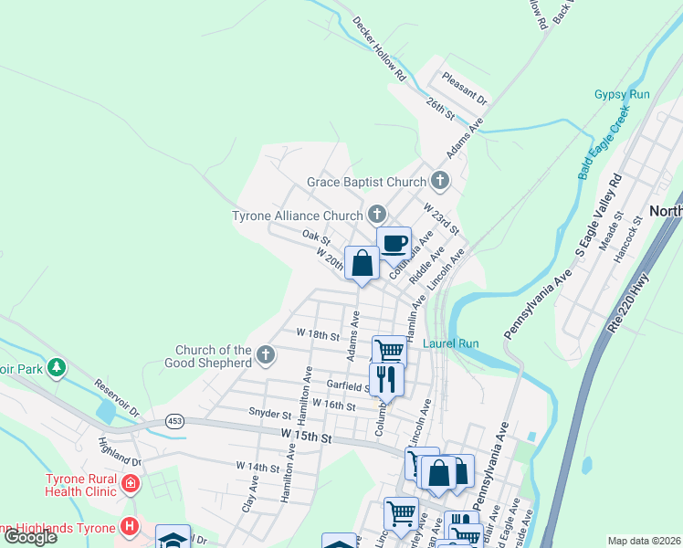 map of restaurants, bars, coffee shops, grocery stores, and more near West 20th Street in Tyrone