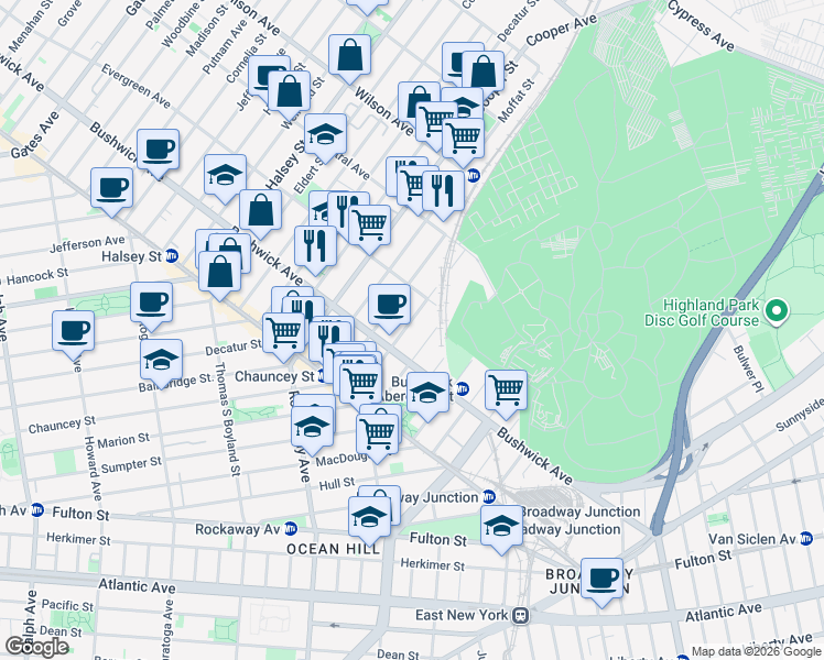 map of restaurants, bars, coffee shops, grocery stores, and more near 78 Pilling Street in Brooklyn