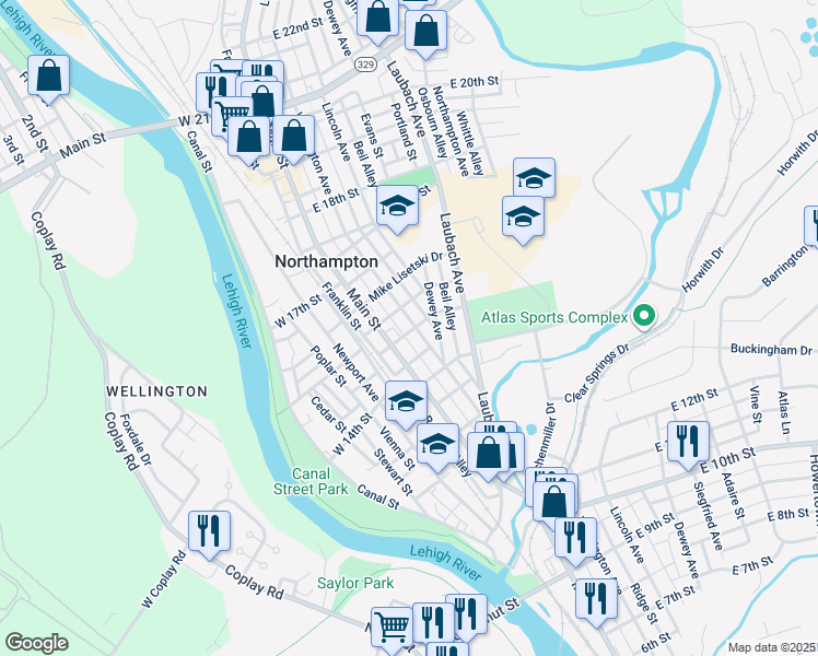 map of restaurants, bars, coffee shops, grocery stores, and more near 1502 Washington Avenue in Northampton