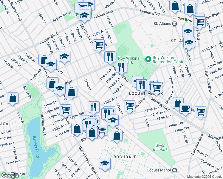 map of restaurants, bars, coffee shops, grocery stores, and more near 171-12 119th Avenue in Queens
