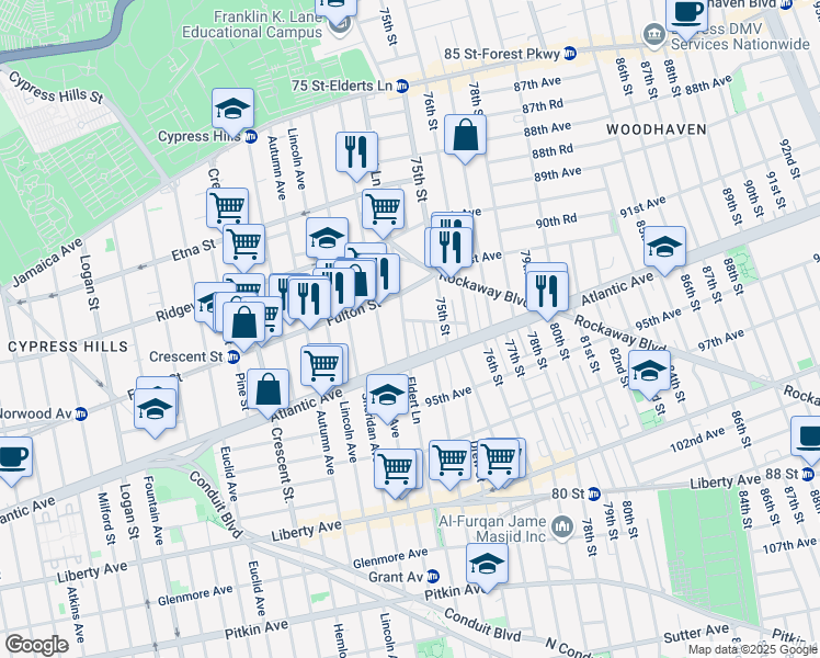 map of restaurants, bars, coffee shops, grocery stores, and more near 74-13 93rd Avenue in Queens