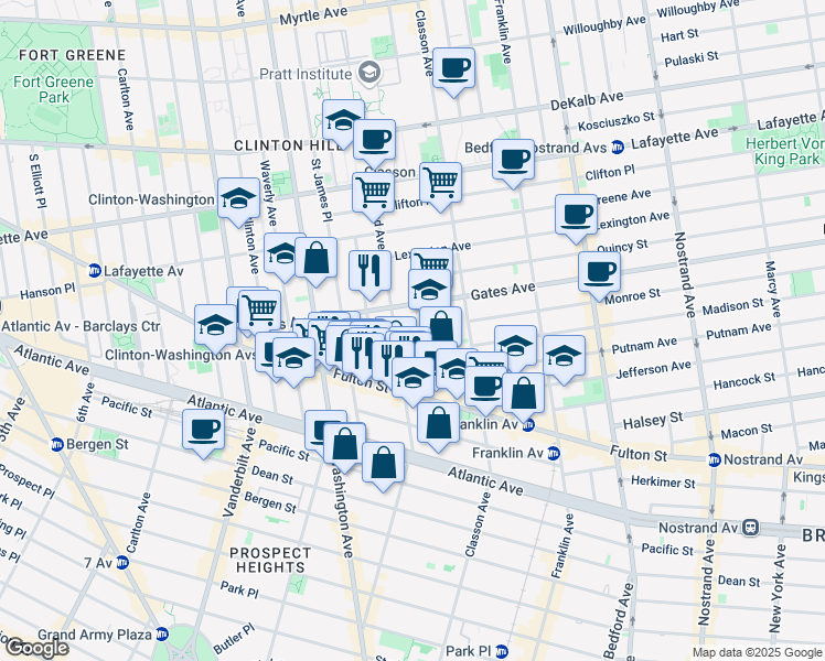 map of restaurants, bars, coffee shops, grocery stores, and more near 377 Grand Avenue in Brooklyn