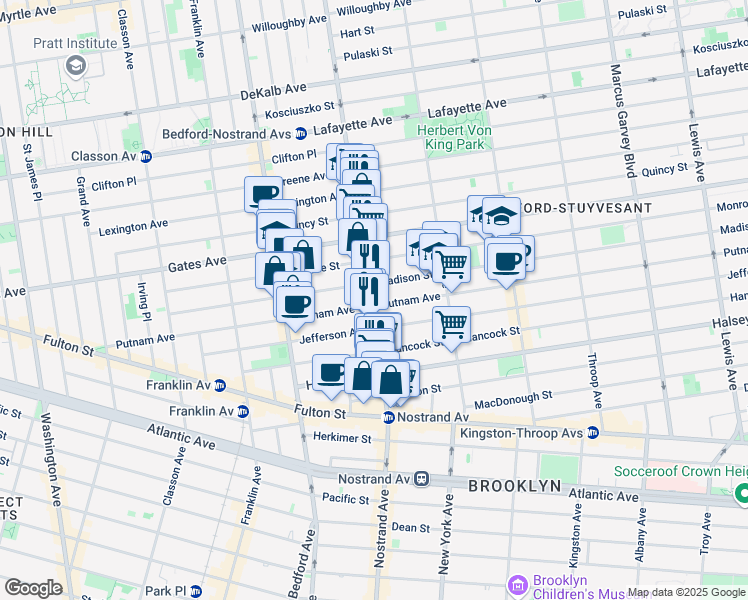 map of restaurants, bars, coffee shops, grocery stores, and more near 224 Madison Street in Brooklyn