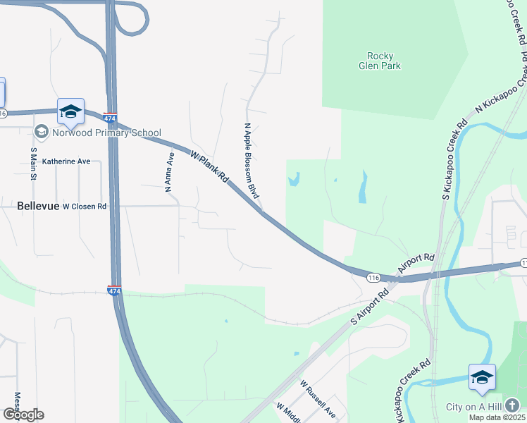 map of restaurants, bars, coffee shops, grocery stores, and more near 104 North Apple Blossom Boulevard in Bellevue