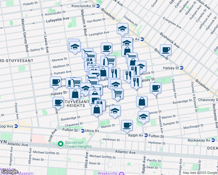 map of restaurants, bars, coffee shops, grocery stores, and more near 625 Halsey Street in Brooklyn