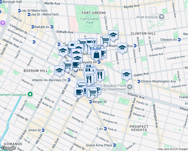 map of restaurants, bars, coffee shops, grocery stores, and more near 171 South Portland Avenue in Brooklyn