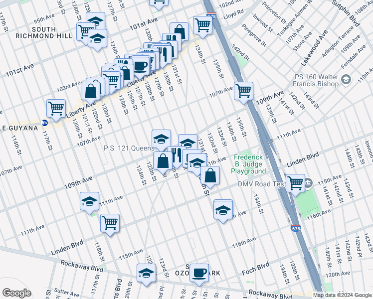 map of restaurants, bars, coffee shops, grocery stores, and more near 129-04 109th Avenue in Queens