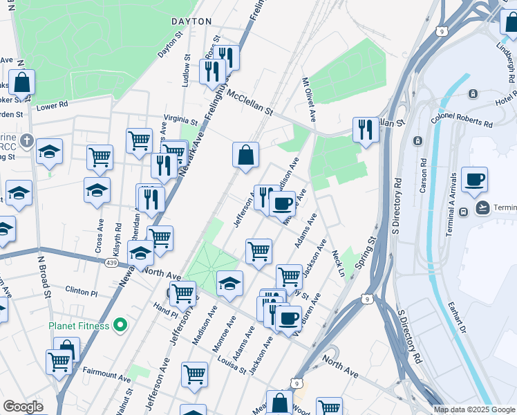 map of restaurants, bars, coffee shops, grocery stores, and more near 1012 Madison Avenue in Elizabeth
