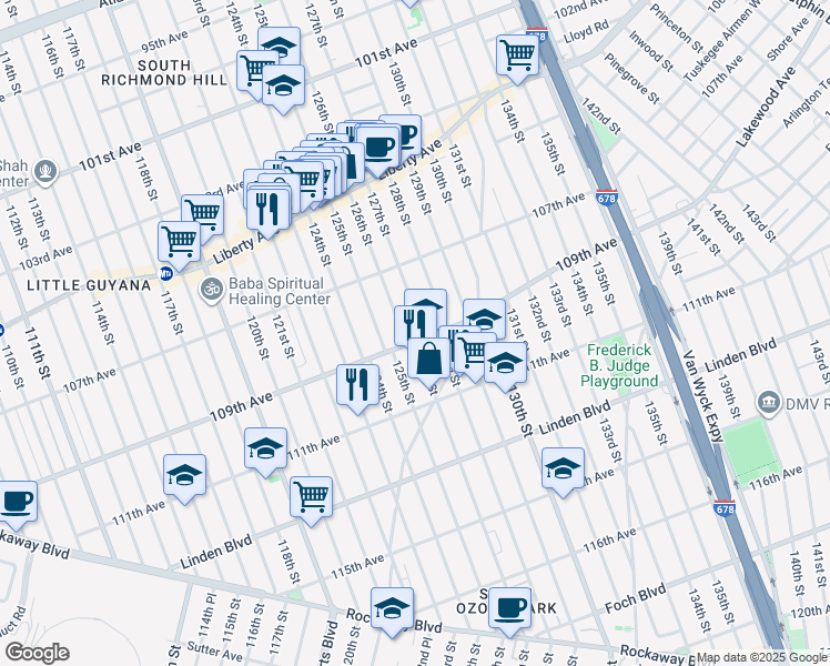 map of restaurants, bars, coffee shops, grocery stores, and more near 126-09 109th Avenue in Queens