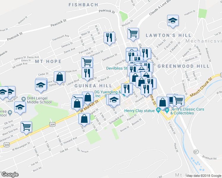 map of restaurants, bars, coffee shops, grocery stores, and more near 514 West Market Street in Pottsville