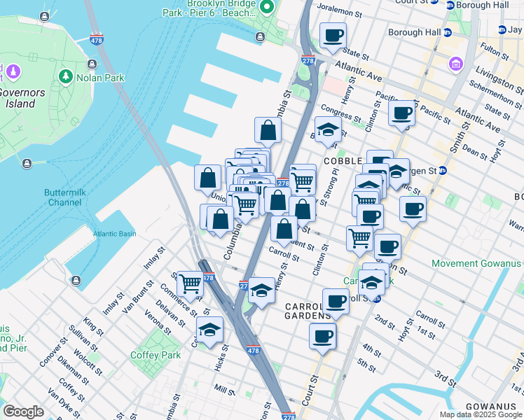 map of restaurants, bars, coffee shops, grocery stores, and more near 221 Columbia Street in Brooklyn
