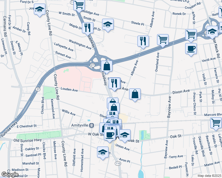 map of restaurants, bars, coffee shops, grocery stores, and more near 365 Broadway in Amityville