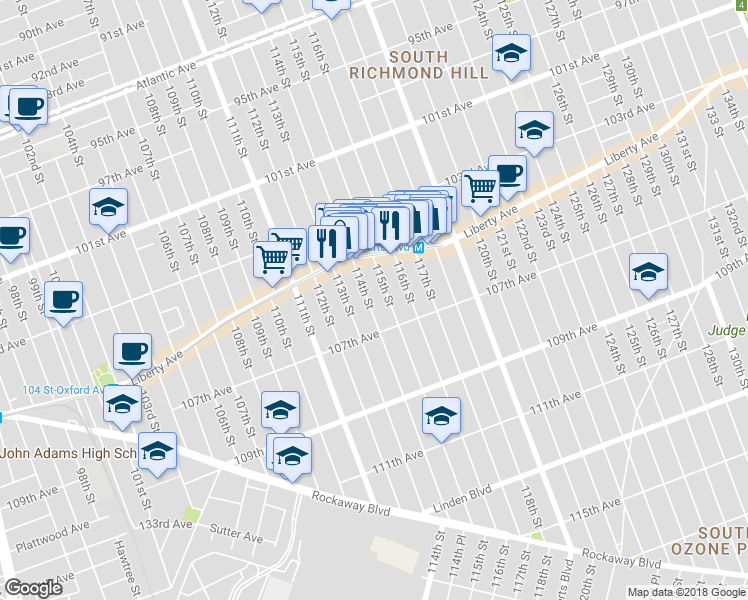 map of restaurants, bars, coffee shops, grocery stores, and more near 104-53 114th Street in Queens