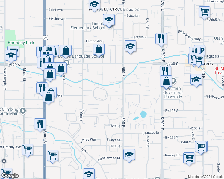 map of restaurants, bars, coffee shops, grocery stores, and more near 440 East Aspen Meadows Court in Murray