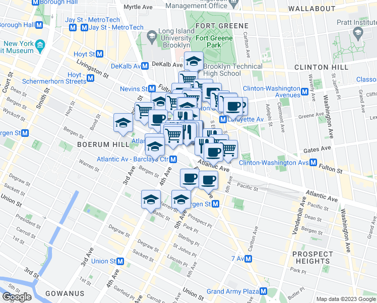 map of restaurants, bars, coffee shops, grocery stores, and more near 147 Flatbush Avenue in Brooklyn