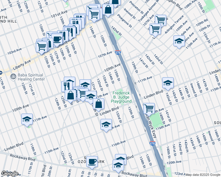 map of restaurants, bars, coffee shops, grocery stores, and more near 109-71 134th Street in Queens