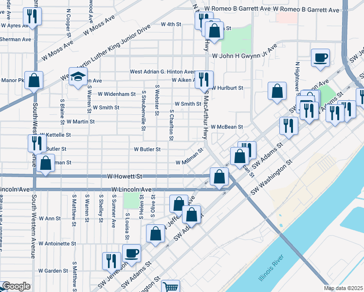 map of restaurants, bars, coffee shops, grocery stores, and more near 1009 West Butler Street in Peoria