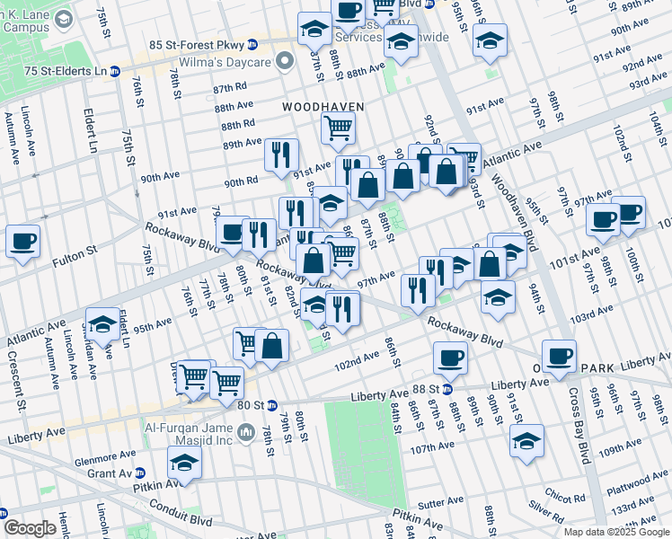 map of restaurants, bars, coffee shops, grocery stores, and more near 85-08 95th Avenue in Queens