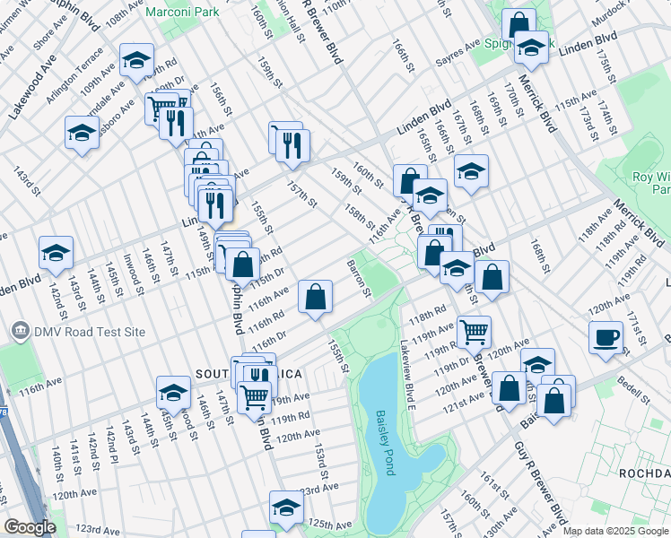 map of restaurants, bars, coffee shops, grocery stores, and more near 155-50 116th Avenue in Queens
