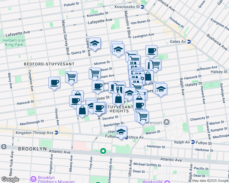 map of restaurants, bars, coffee shops, grocery stores, and more near 576 Hancock Street in Brooklyn